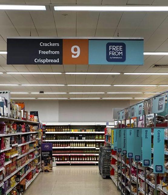Gluten-free supermarket aisle.